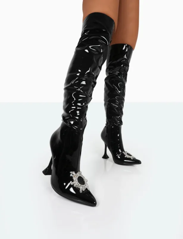 Sonny Black Patent Sparkly Diamante Stud Pointed Toe Stiletto Heel Over the Knee Boots sold by Public Desire