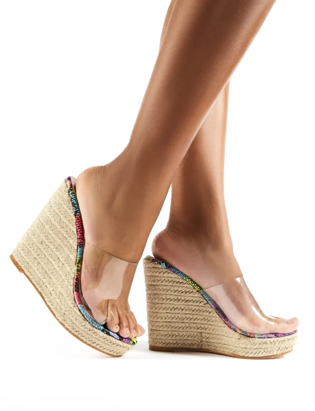 Pacha Espadrille Wedge Heeled Mules in Snake Print sold by Public Desire