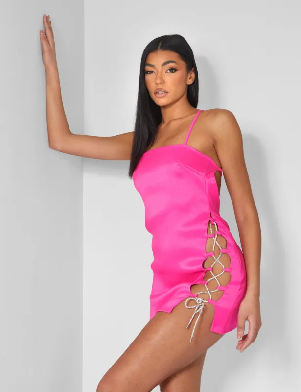 Diamante Rope Square Neck Mini Dress Pink sold by Public Desire