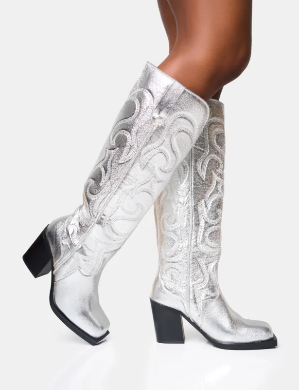Austine Silver Western Block Heel Knee High Boots sold by Public Desire