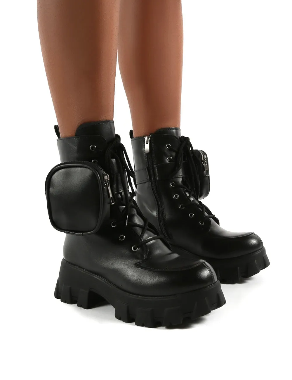 Peyton Black PU Chunky Sole Pouch Ankle Boots sold by Public Desire