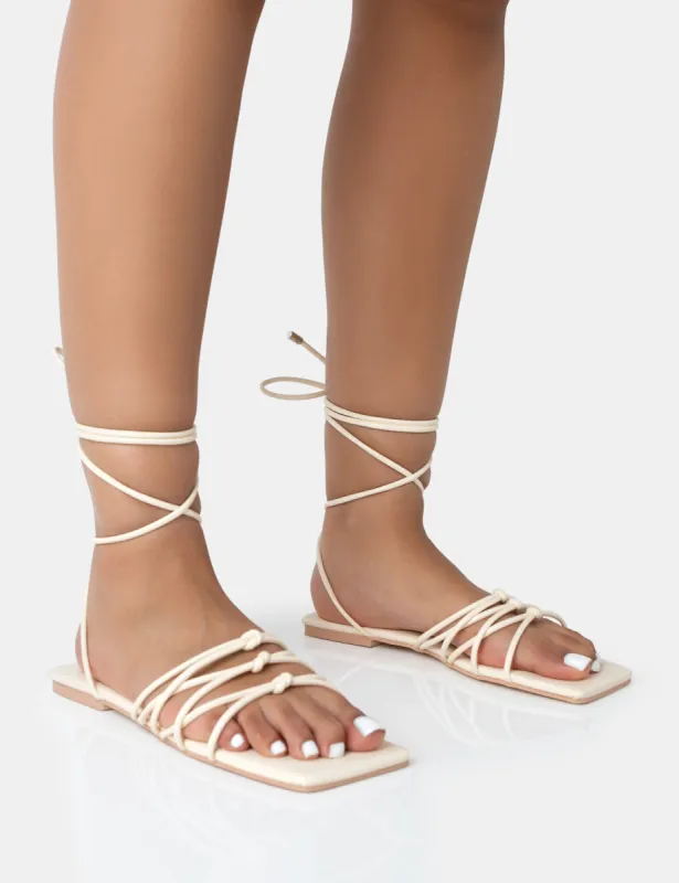 Kelly Ecru PU Lace Up Flat Square Toe Sandals sold by Public Desire