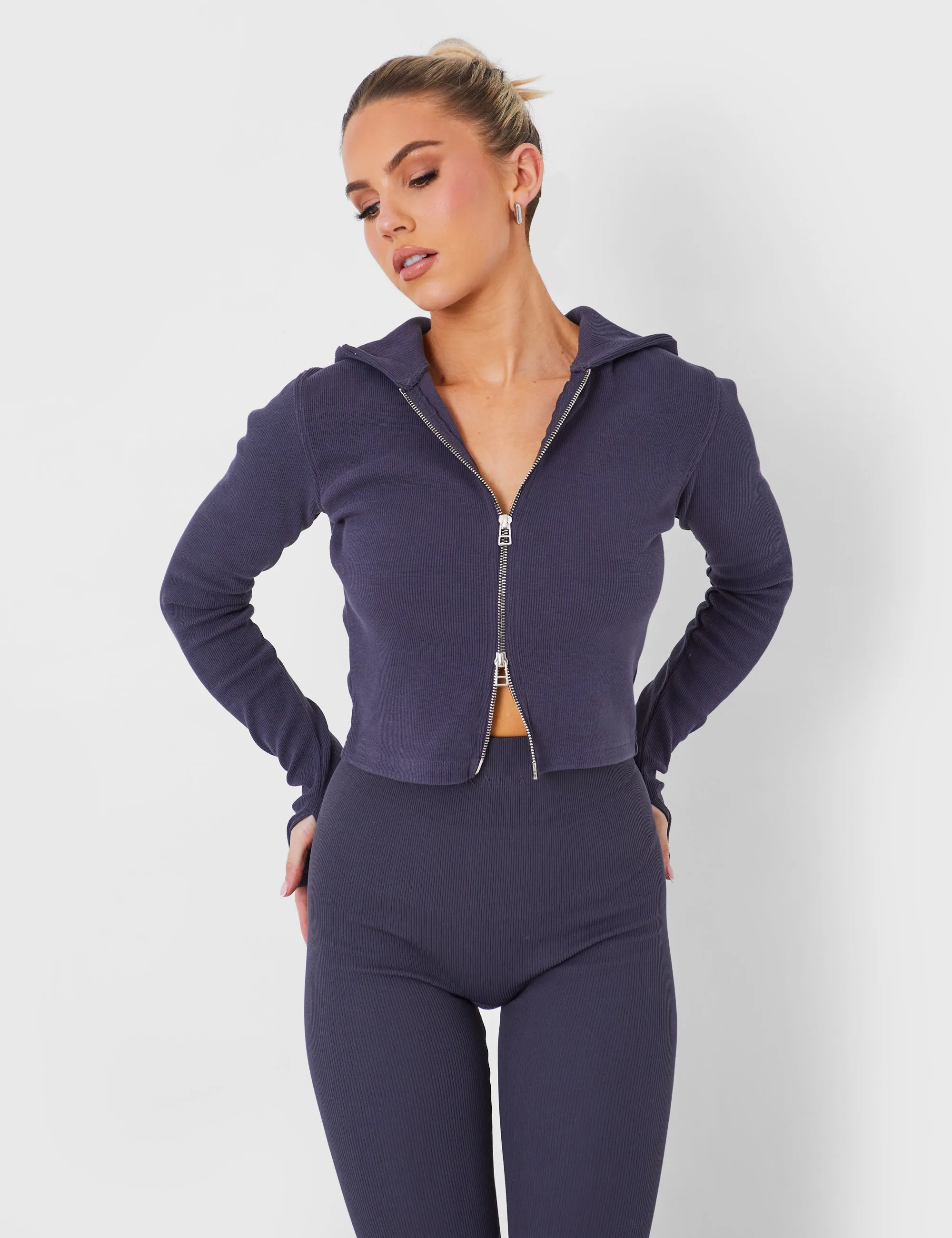 Kaiia Rib Zip Through Hoodie in Dark Grey sold by Public Desire product image thumbnail 2