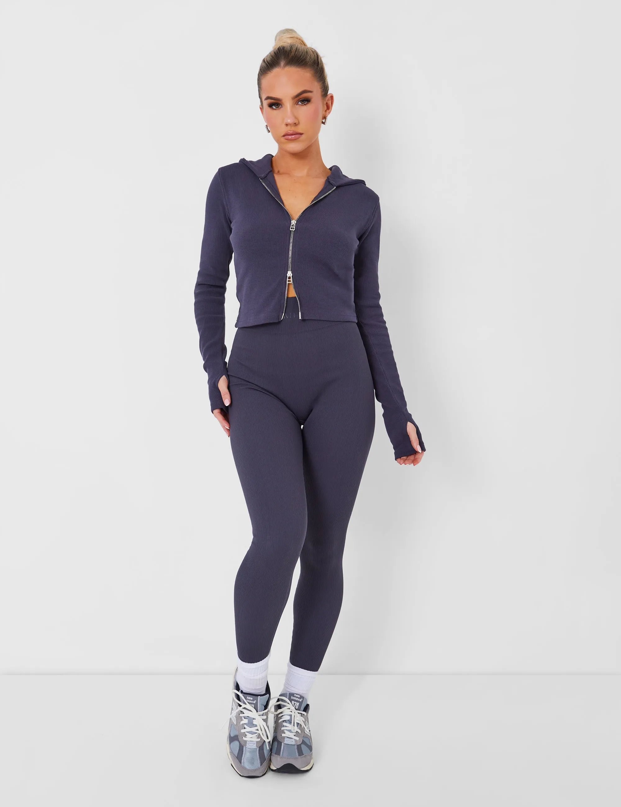 Kaiia Rib Zip Through Hoodie in Dark Grey sold by Public Desire