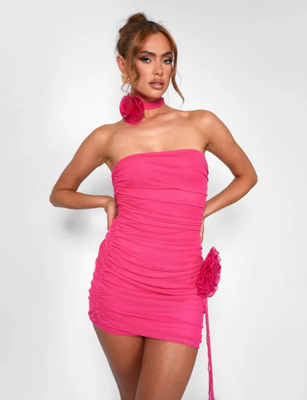 Rose Detail Bandeau Mesh Mini Dress Hot Pink sold by Public Desire