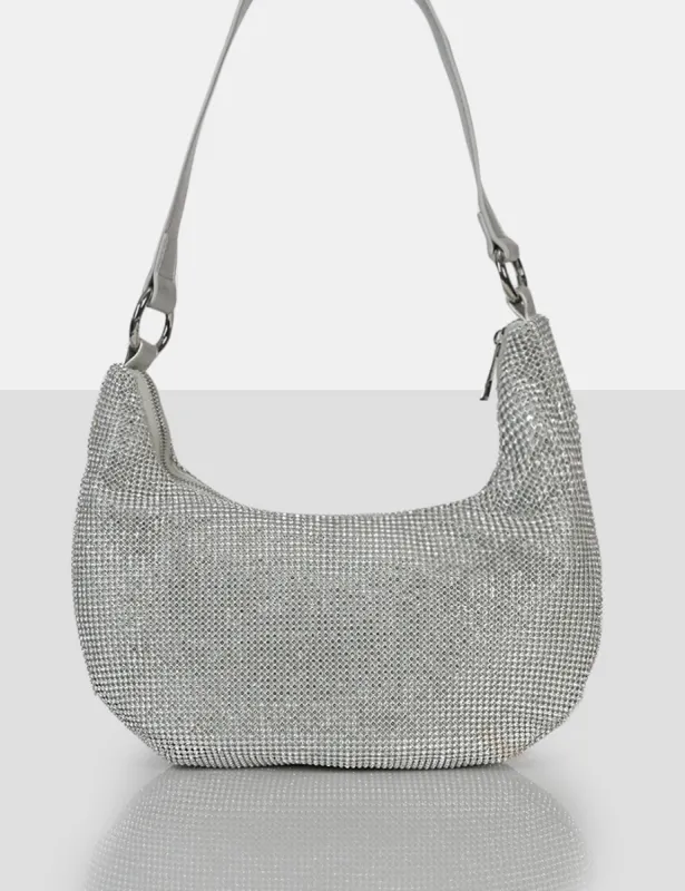 The Cordelia Silver Diamante Zip Up Shoulder Bag sold by Public Desire