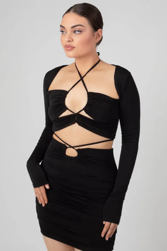 Loop Ruching Slinky Long Sleeved Top Black sold by Public Desire