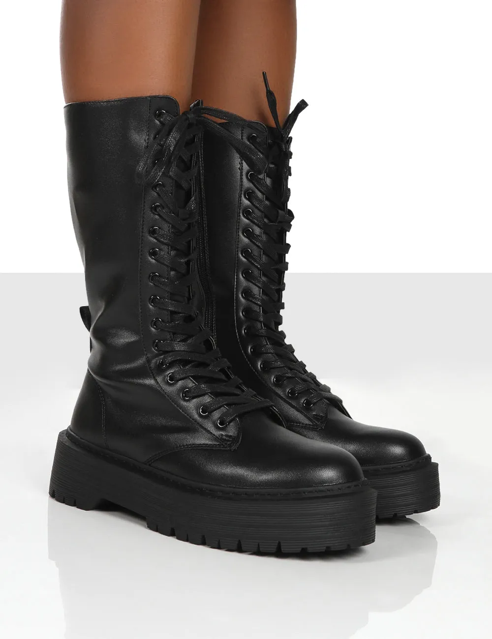 Kendall Black PU Lace Up Chunky Knee High Boots sold by Public Desire