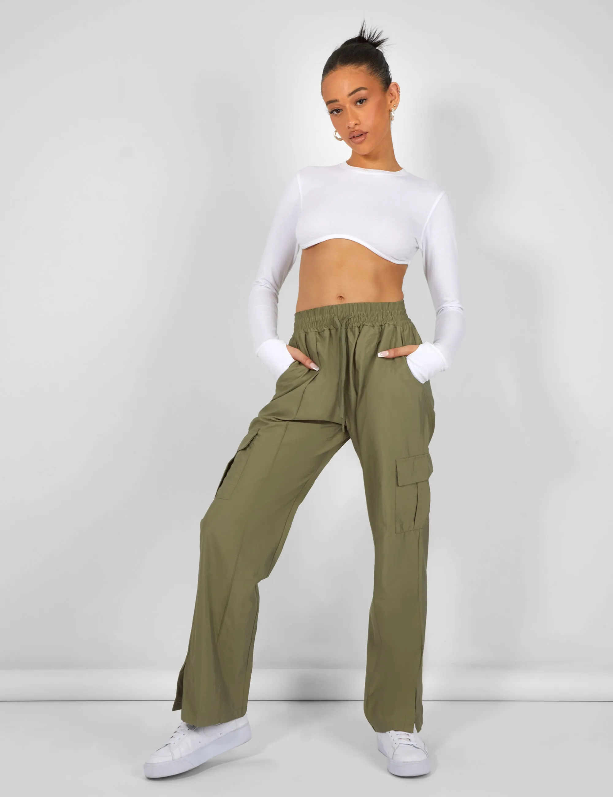 SPLIT HEM CARGO TROUSERS KHAKI sold by Public Desire