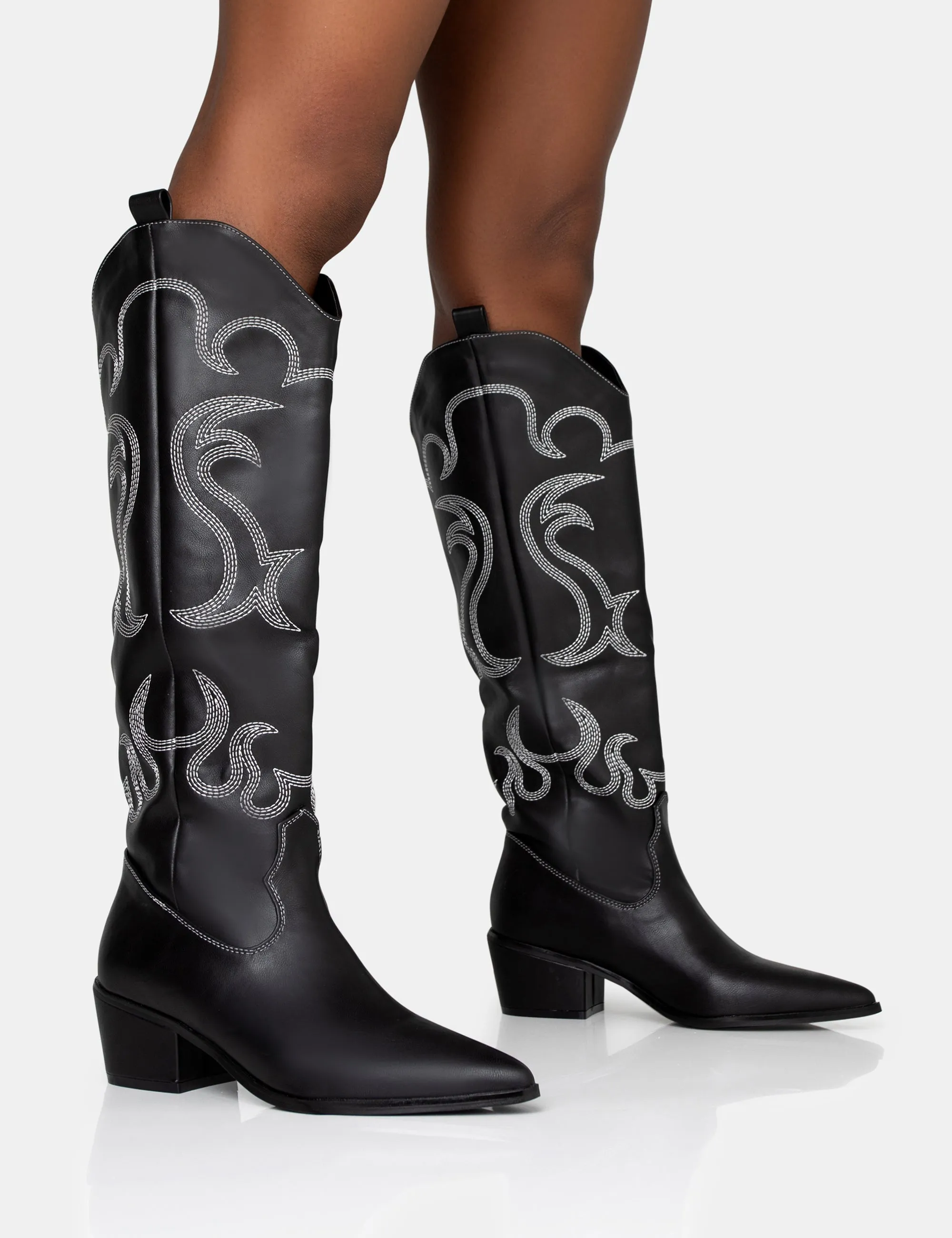 Cooper Black PU Western Embroidered Knee High Cowboy Boot sold by Public Desire