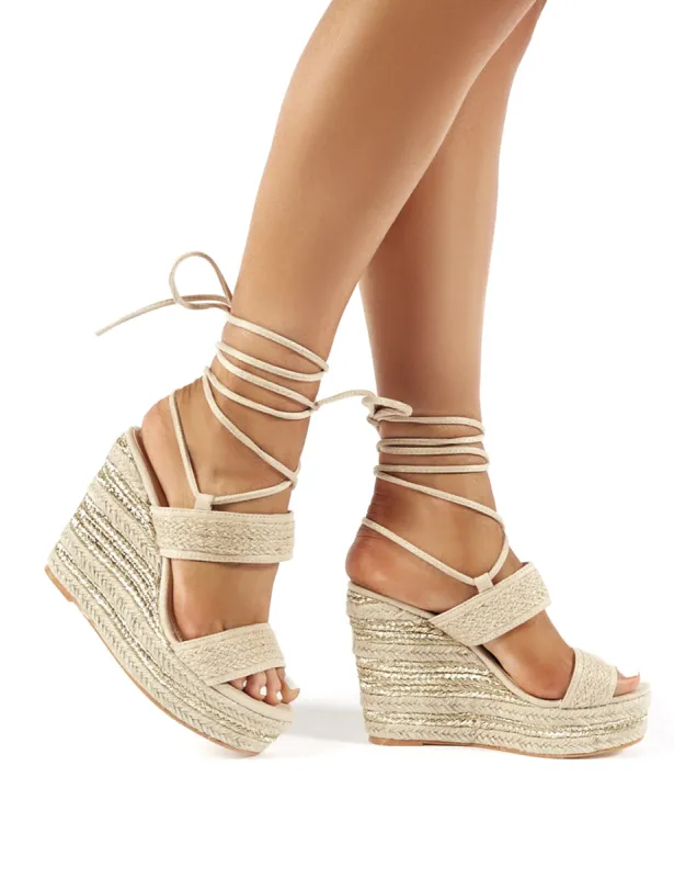 Sheena Nude Lace Up Espadrille Wedge Heels sold by Public Desire