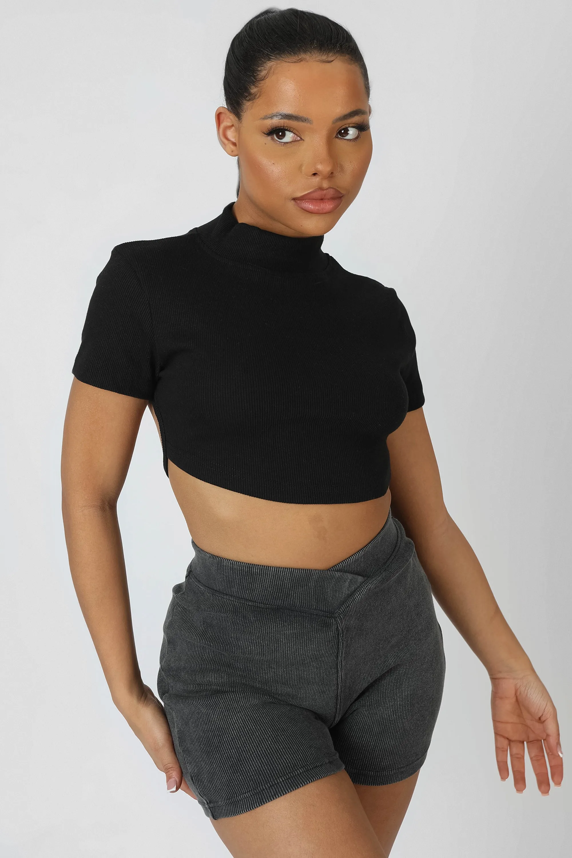 High Neck Tie Back Crop Top Black sold by Public Desire