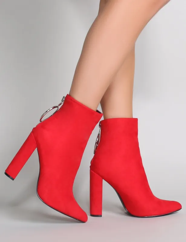 Fleek Metal Ring Ankle Boots in Red Faux Suede made by Public Desire