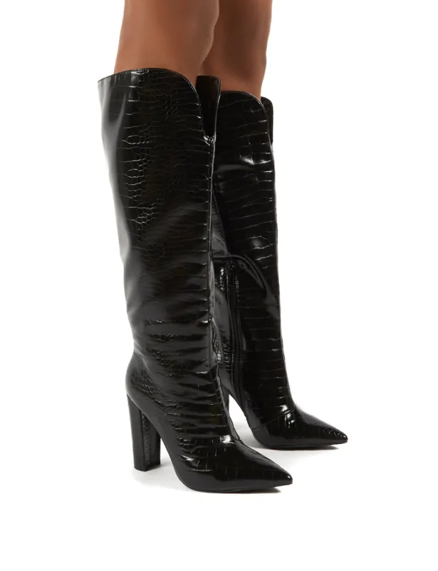 Slow Black Snake Wide Fit Knee High Block Heel Boots sold by Public Desire