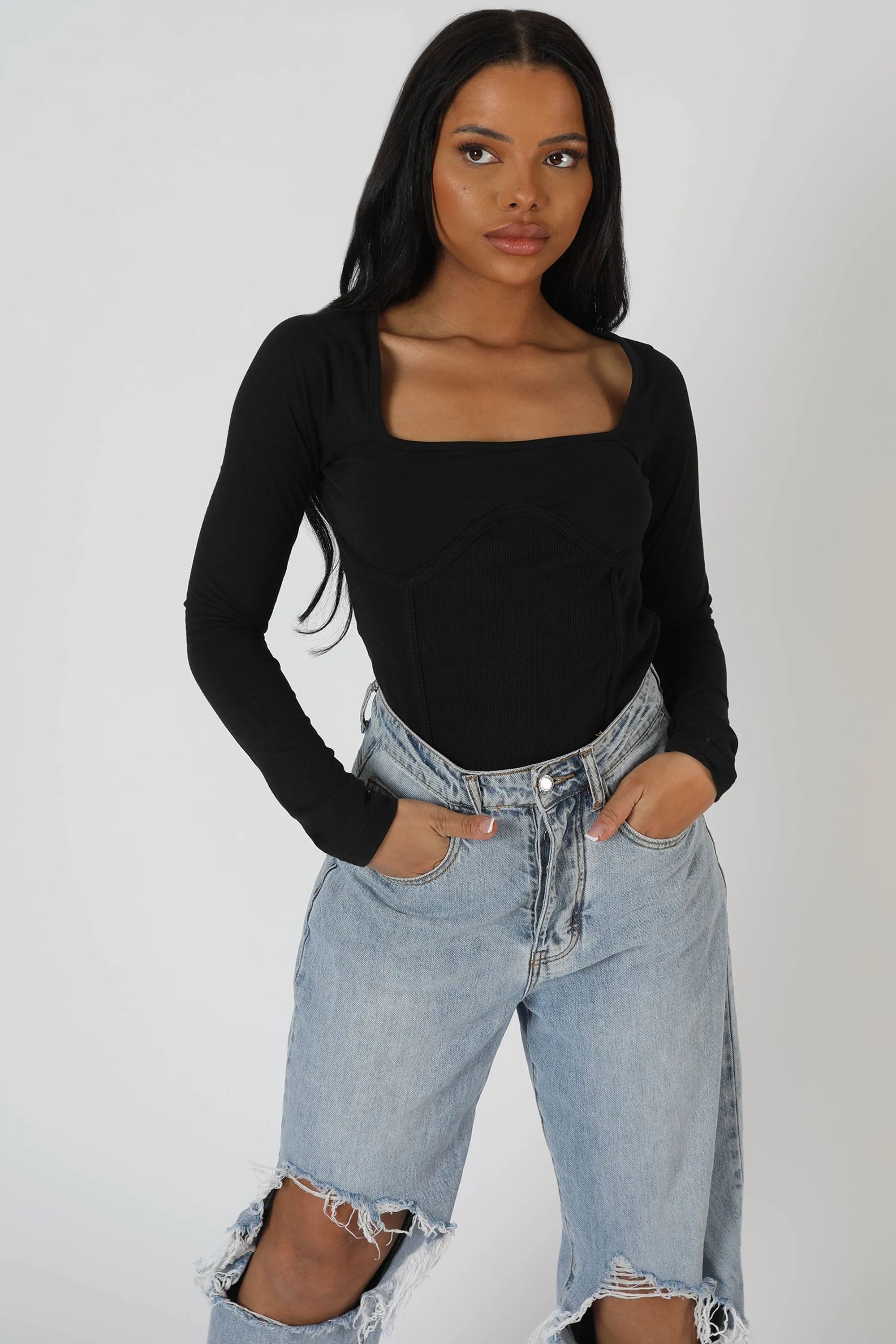 Underbust Seam Square Neck Bodysuit Black sold by Public Desire product image thumbnail 4