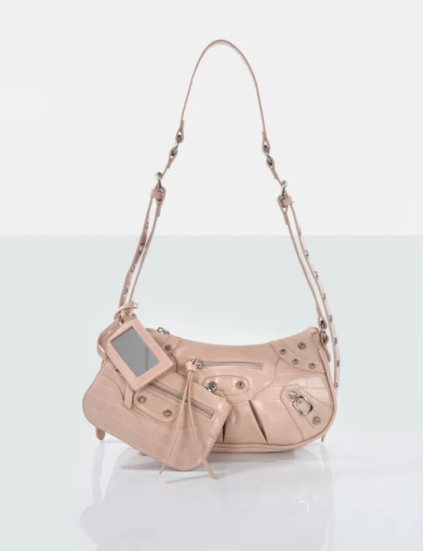 The Trackstar Nude Croc Studded Mirror Zip Detail Handbag sold by Public Desire
