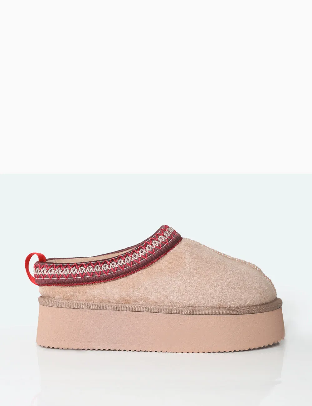 Vixon Beige Faux Suede Embroidered Slipper Platform Boots sold by Public Desire