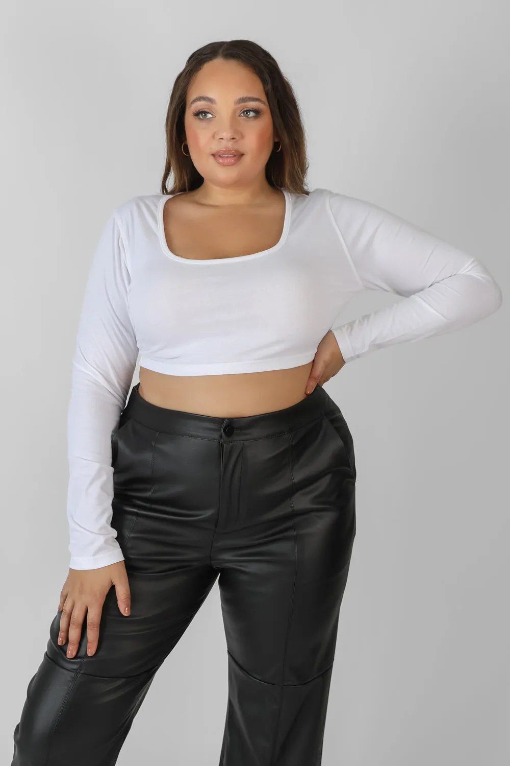 Curve Scoop Neck Long Sleeve Crop Top White sold by Public Desire
