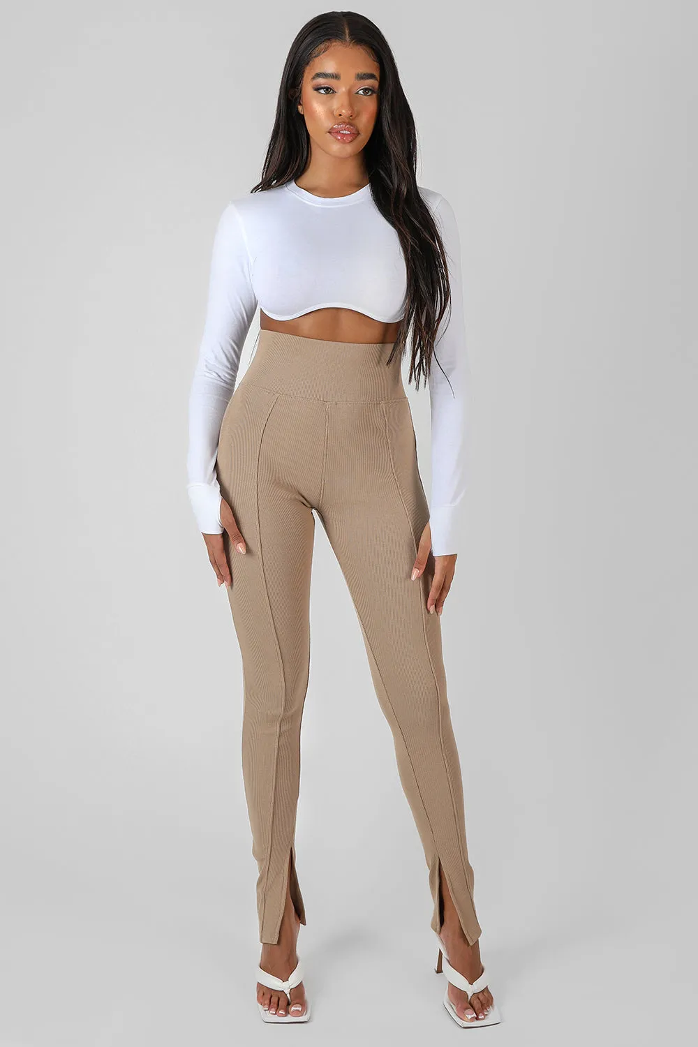 Split Hem Ribbed Legging Camel sold by Public Desire
