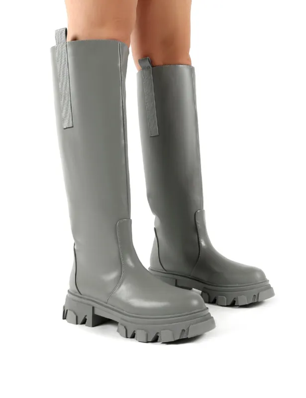 Genius Grey Knee High Chunky Sole Boots sold by Public Desire