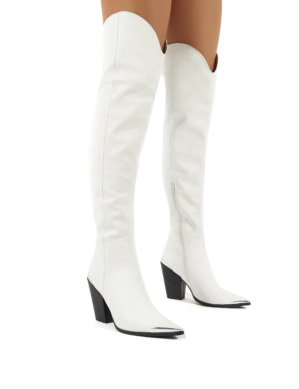 Honor White Western Block Heeled Knee High Boots sold by Public Desire
