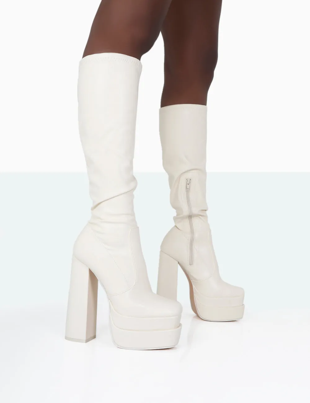 Passive Ecru PU Square Toe Platform Block Heel Over The Knee Boots sold by Public Desire