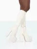 Passive Ecru PU Square Toe Platform Block Heel Over The Knee Boots sold by Public Desire