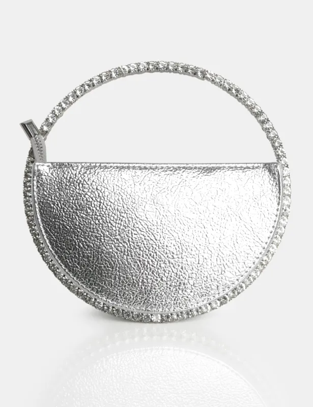 The  Alessia Metallic Sliver Circle Diamante Mini Grab Bag sold by Public Desire