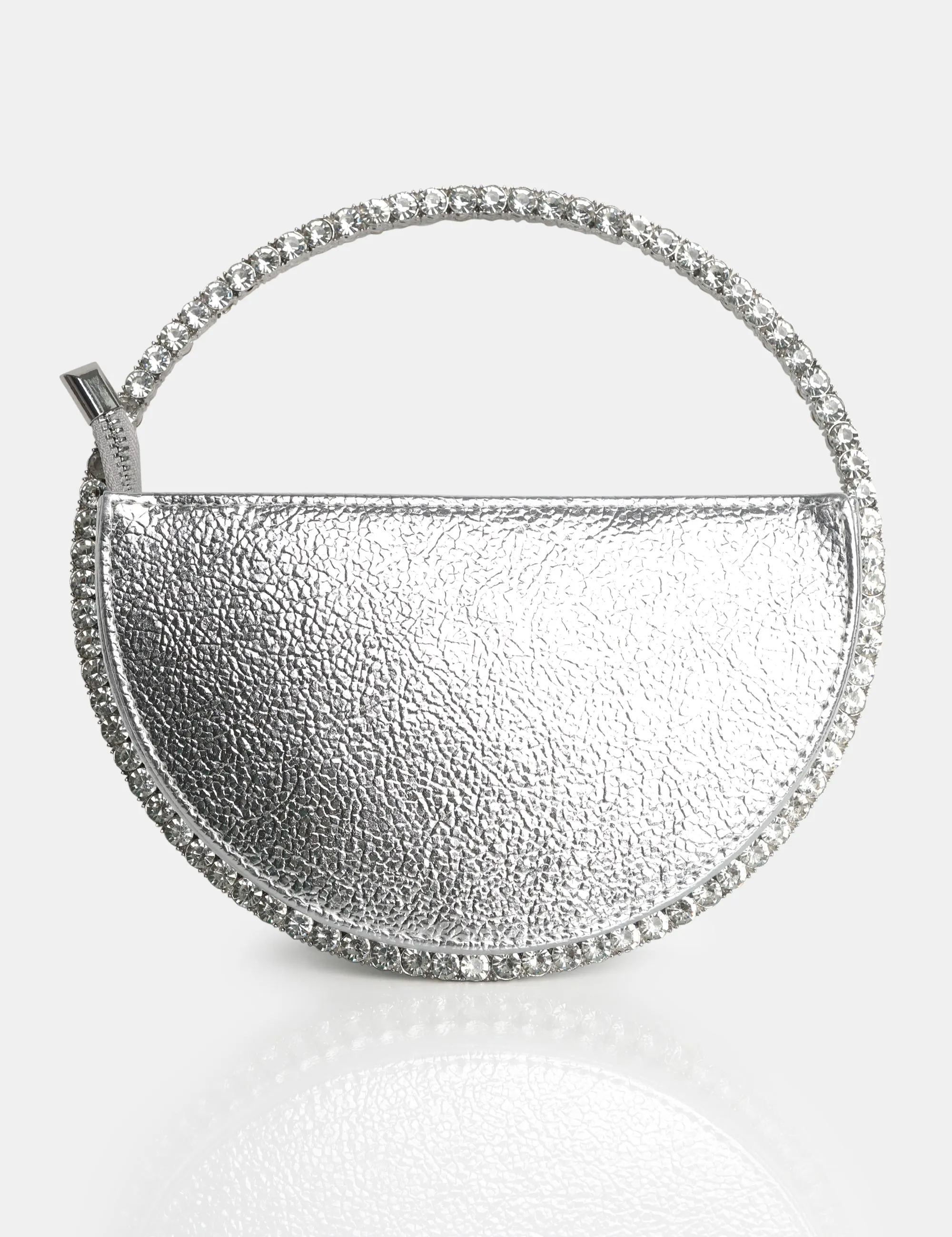 The Alessia Metallic Sliver Circle Diamante Mini Grab Bag sold by Public Desire