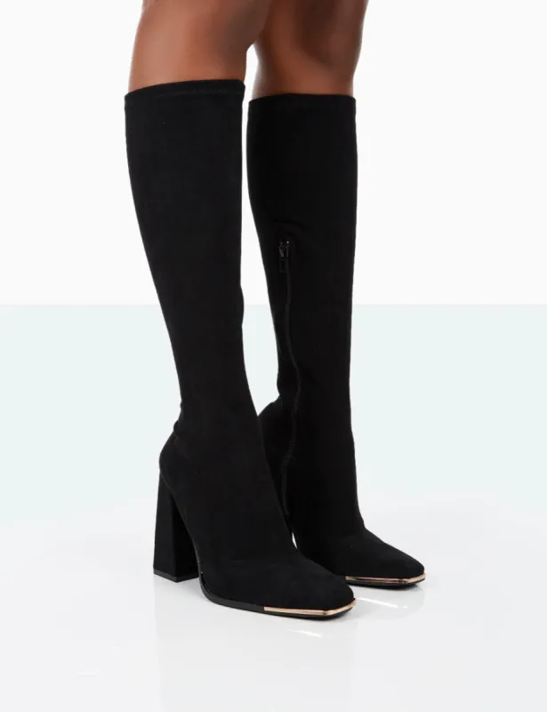 Caryn Black Faux Suede Knee High Block Heeled Boots sold by Public Desire