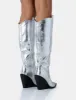 Nevada Silver Metallic Western Cowboy Block Heel Knee High Boots sold by Public Desire