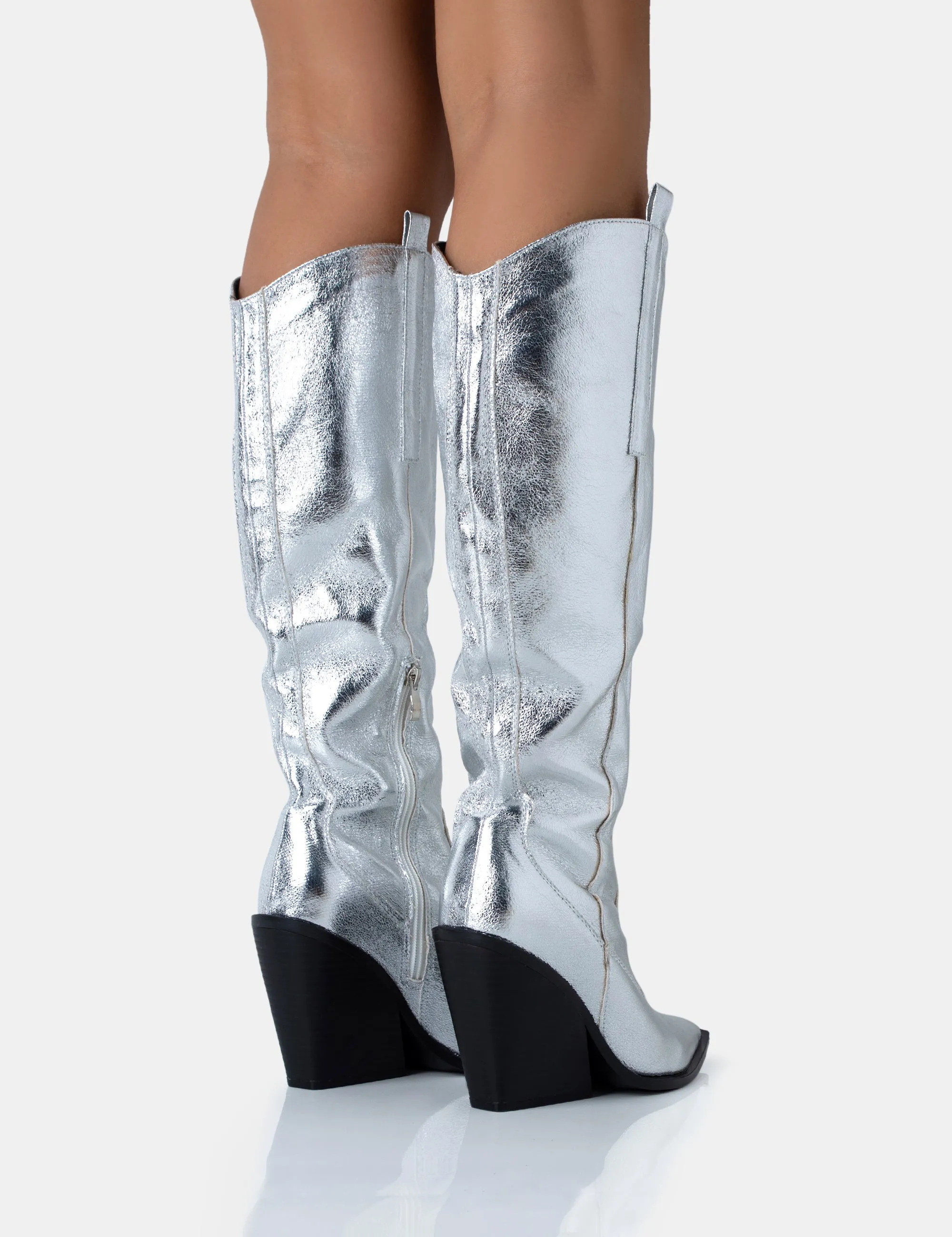 Nevada Silver Metallic Western Cowboy Block Heel Knee High Boots sold by Public Desire product image thumbnail 4