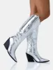Nevada Silver Metallic Western Cowboy Block Heel Knee High Boots sold by Public Desire