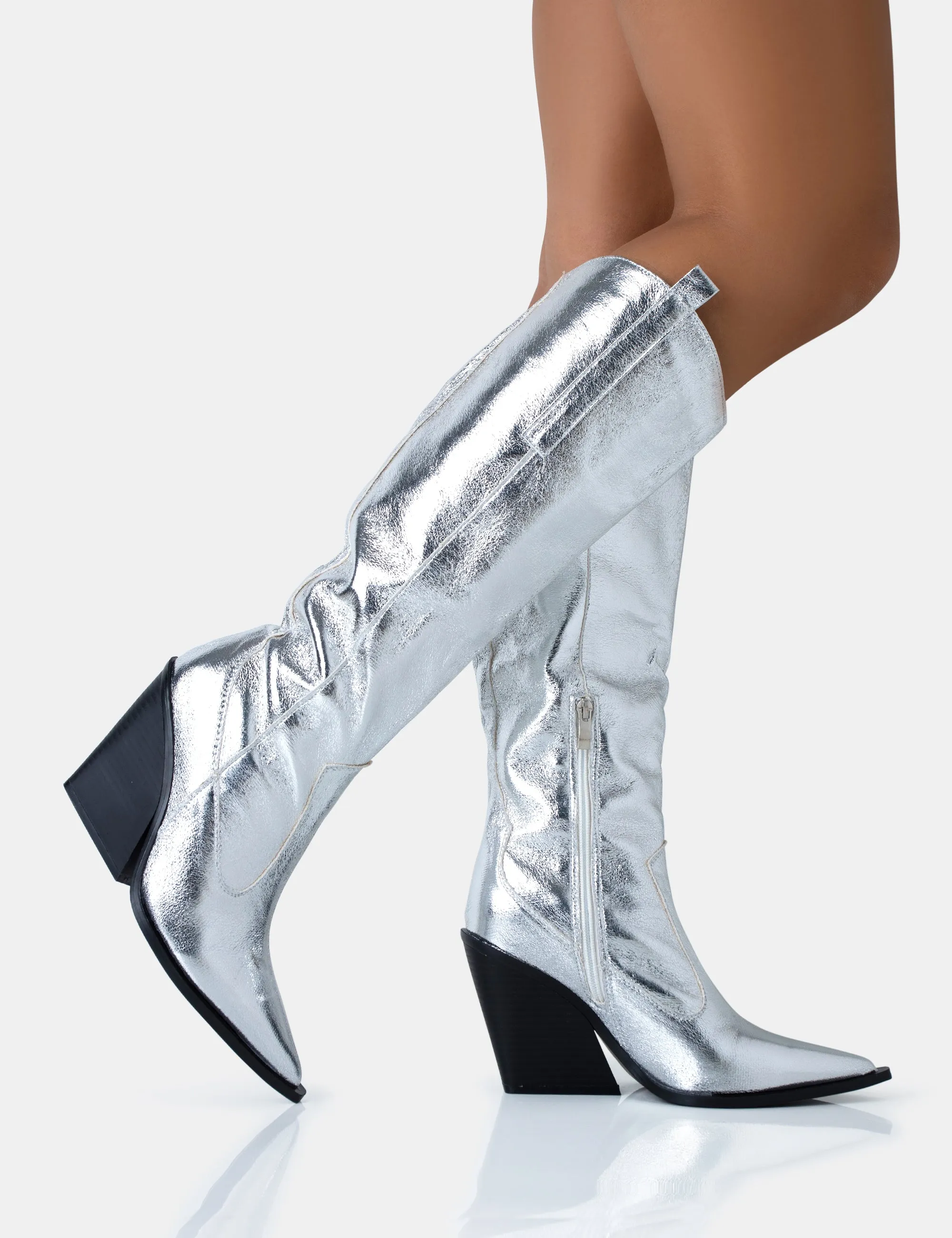 Nevada Silver Metallic Western Cowboy Block Heel Knee High Boots sold by Public Desire product image thumbnail 2