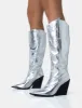 Nevada Silver Metallic Western Cowboy Block Heel Knee High Boots sold by Public Desire