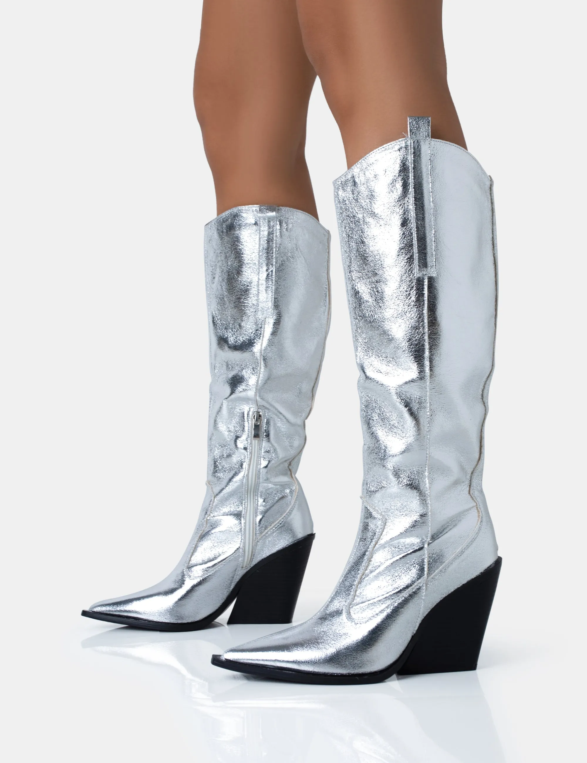 Nevada Silver Metallic Western Cowboy Block Heel Knee High Boots sold by Public Desire product image thumbnail 3