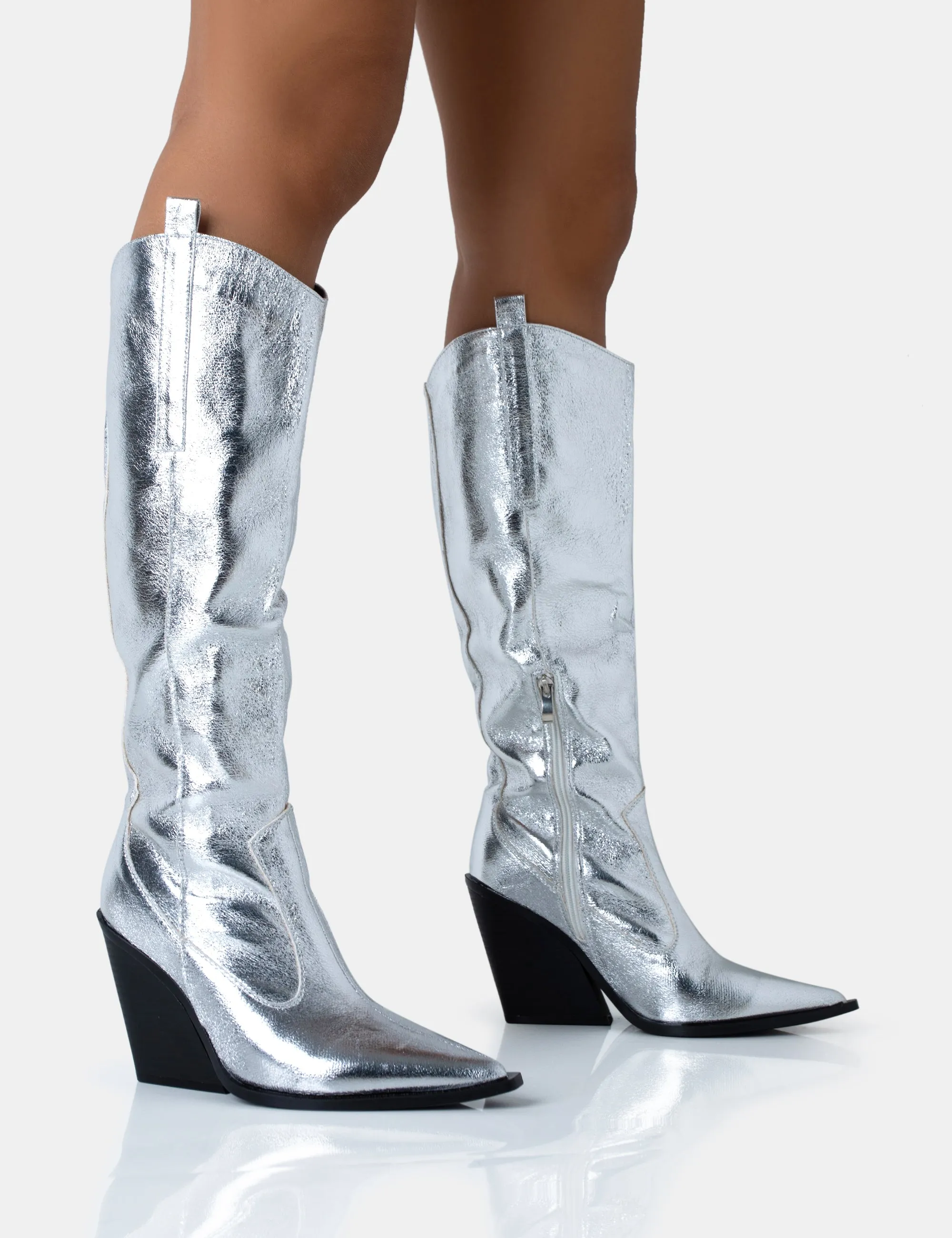 Nevada Silver Metallic Western Cowboy Block Heel Knee High Boots sold by Public Desire