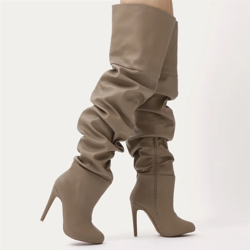Ciara Over The Knee Slouch Boots in Taupe sold by Public Desire