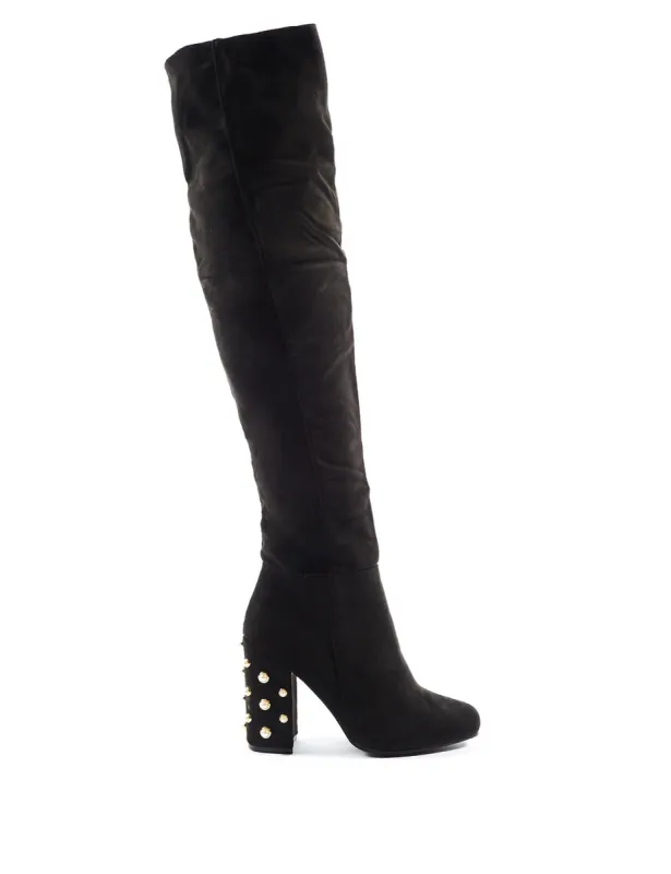 Devoted Pearl Block Heel Over The Knee Boots in Black Faux Suede made by Public Desire