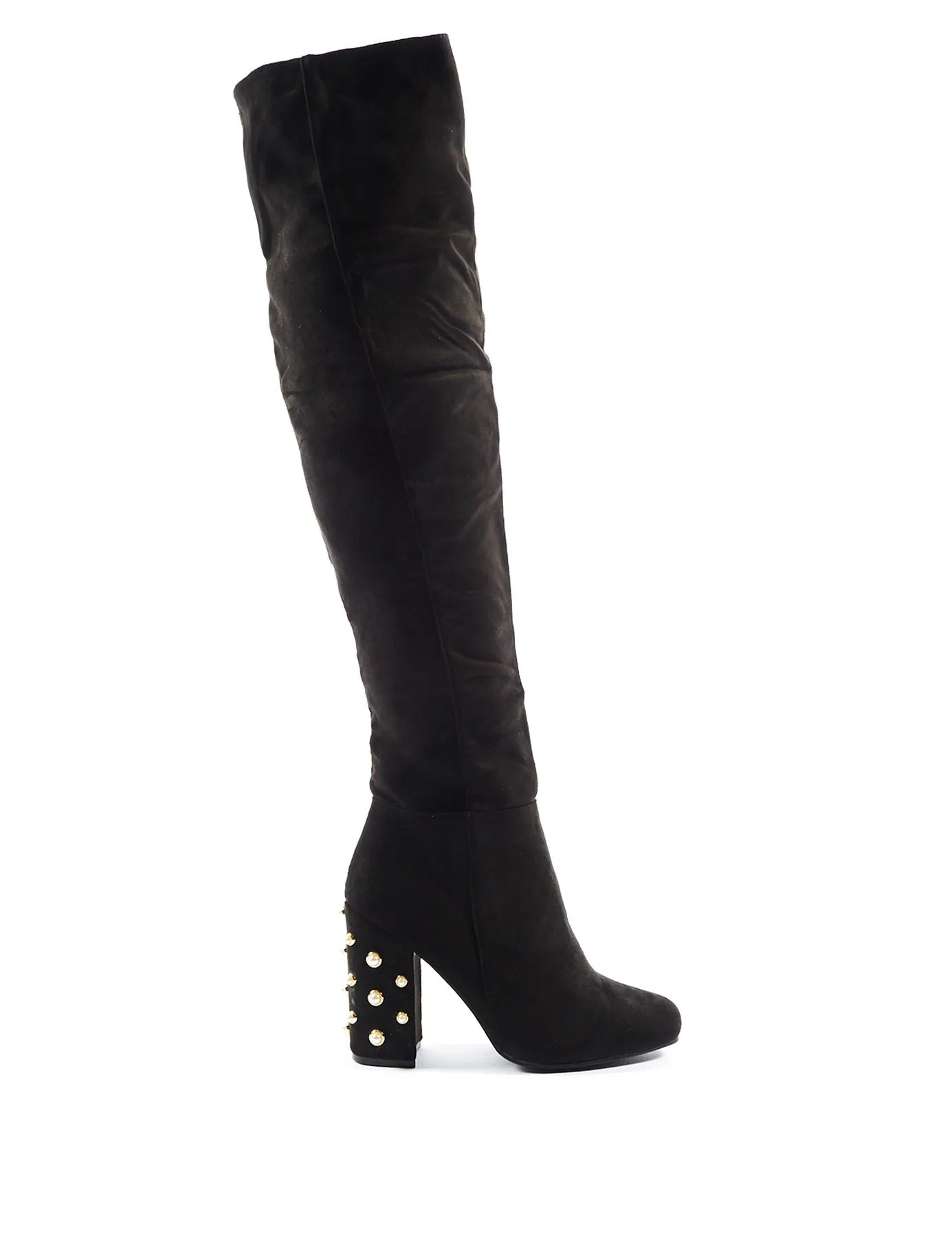 Devoted Pearl Block Heel Over The Knee Boots in Black Faux Suede sold by Public Desire