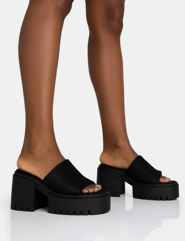 Sabeena Black Chunky Mule Round Toe Mid Heel Sandals sold by Public Desire