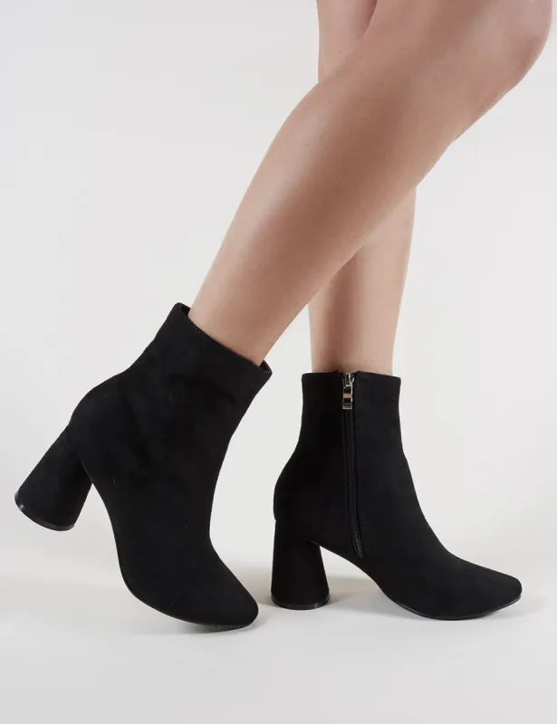 Bronte Round Heeled Ankle Boots in Black Faux Suede sold by Public Desire