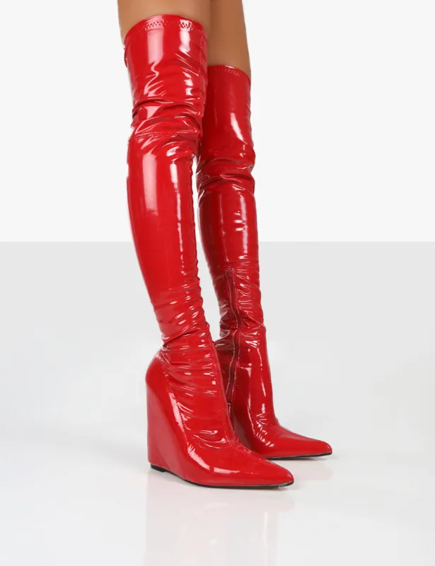 Clarissa Red Over The Knee Wedge Boots made by Public Desire