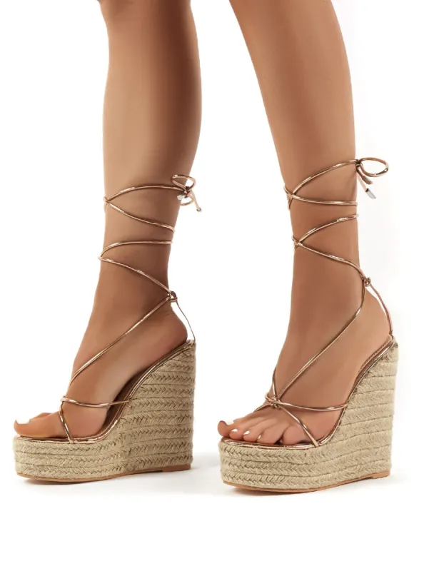 Luciana Rose Gold Lace Up Espadrille Wedge Heeled Sandals sold by Public Desire