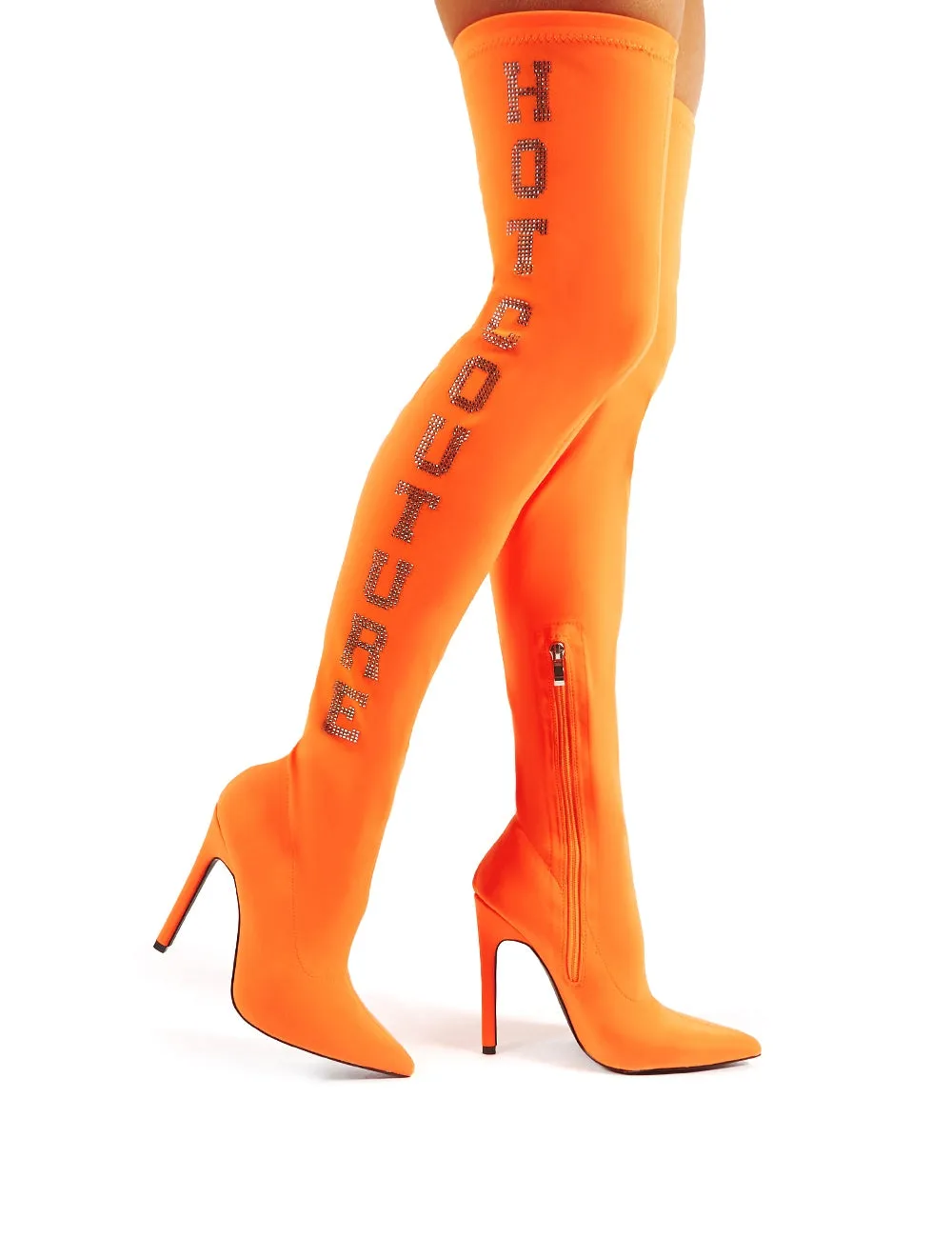 Authority Neon Orange Diamante Slogan Heeled Over the Knee Boots sold by Public Desire