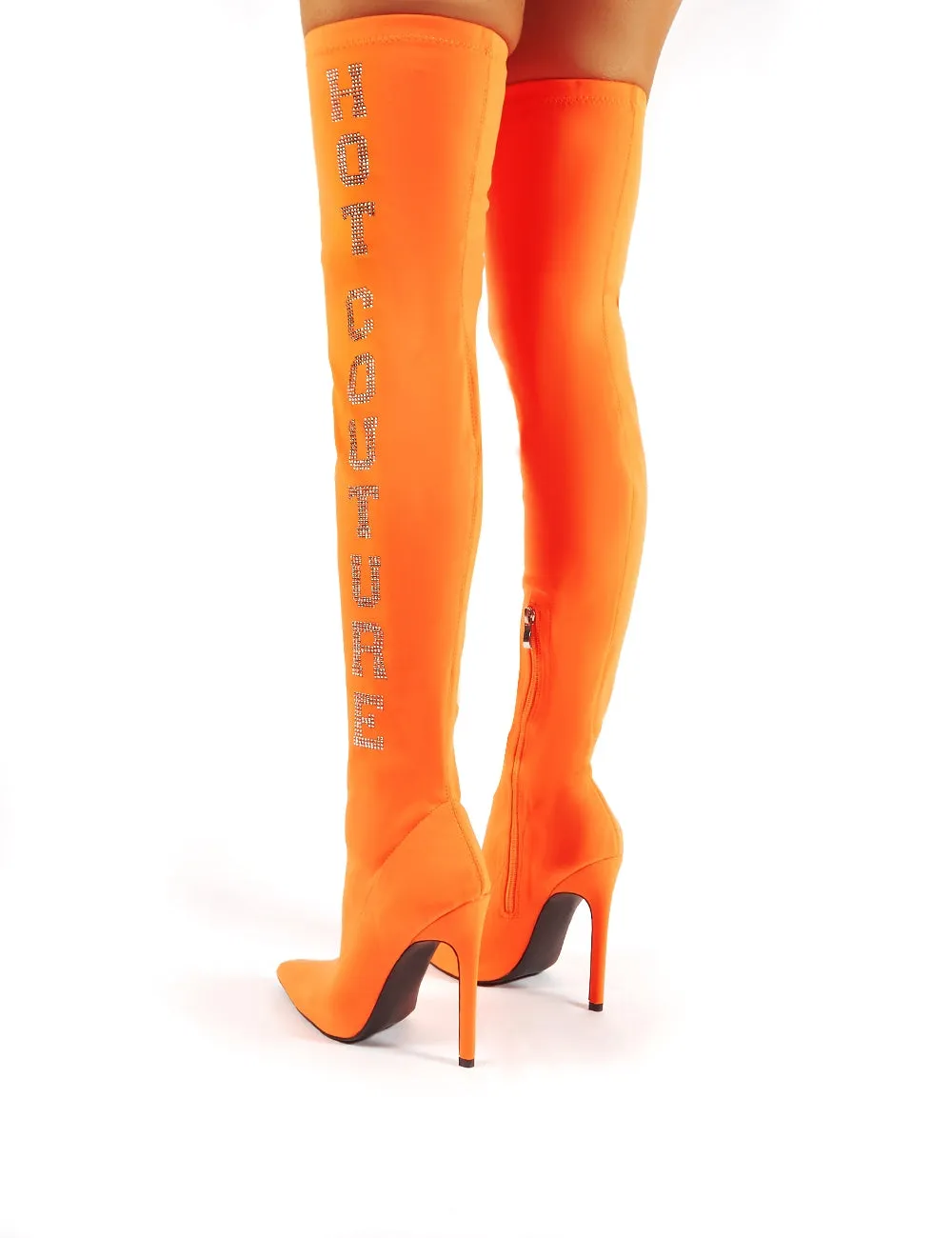 Authority Neon Orange Diamante Slogan Heeled Over the Knee Boots sold by Public Desire product image thumbnail 3