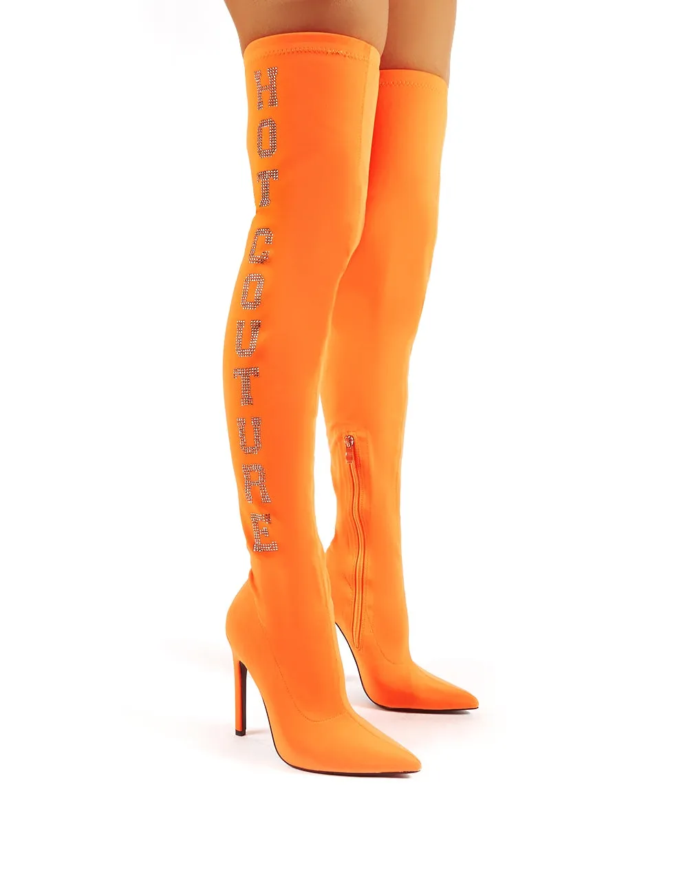 Authority Neon Orange Diamante Slogan Heeled Over the Knee Boots sold by Public Desire product image thumbnail 4