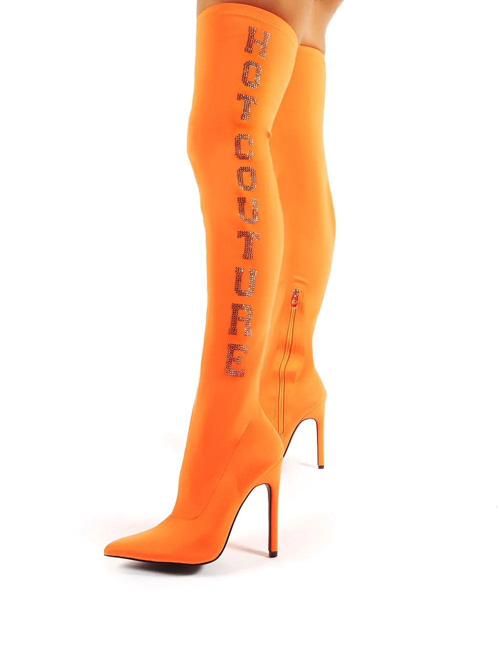 Authority Neon Orange Diamante Slogan Heeled Over the Knee Boots sold by Public Desire product image thumbnail 2