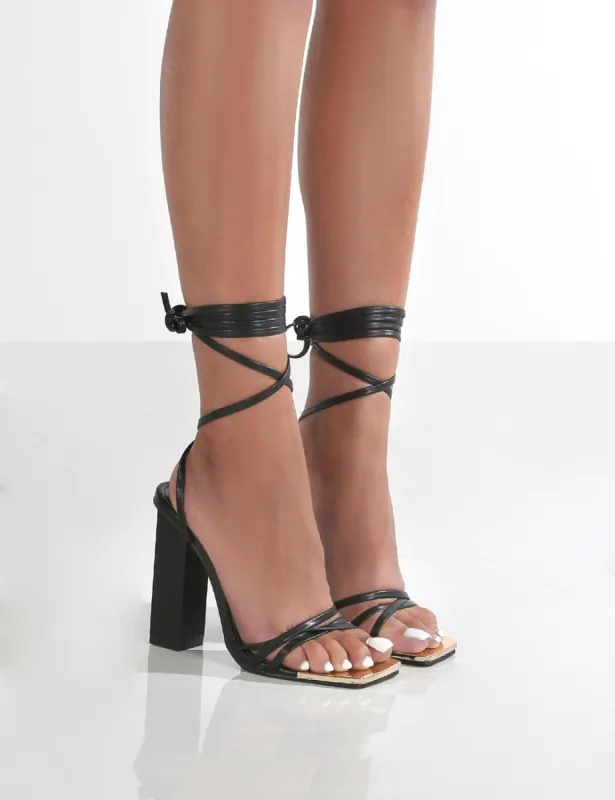 Amira Black PU Lace Up Block Heels sold by Public Desire
