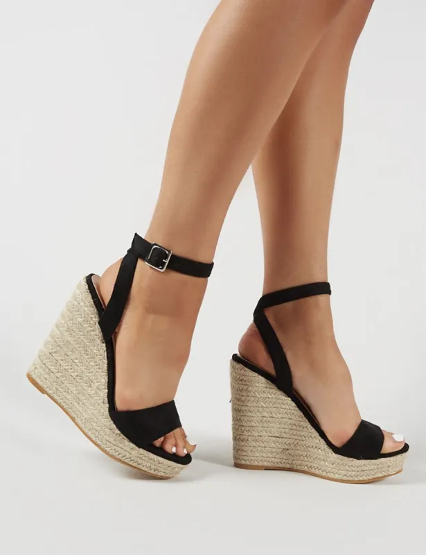 Sydney Espadrille Wedges in Black Faux Suede sold by Public Desire